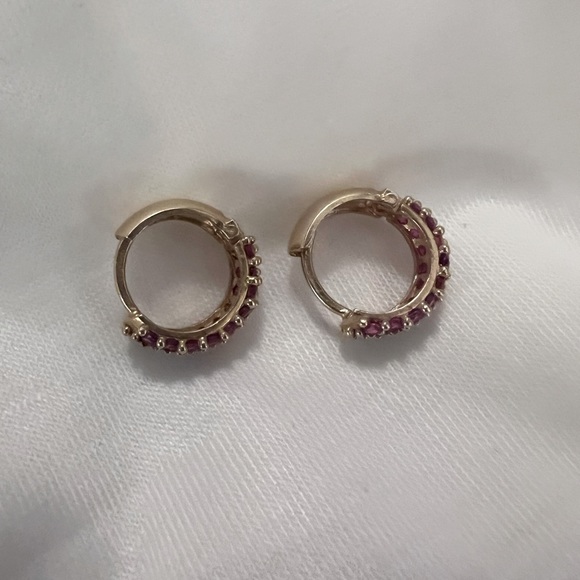 14K Gold huggy earrings Genuine Diamonds, Rubies, and Sapphires. EUC. Worn twice - Picture 1 of 3